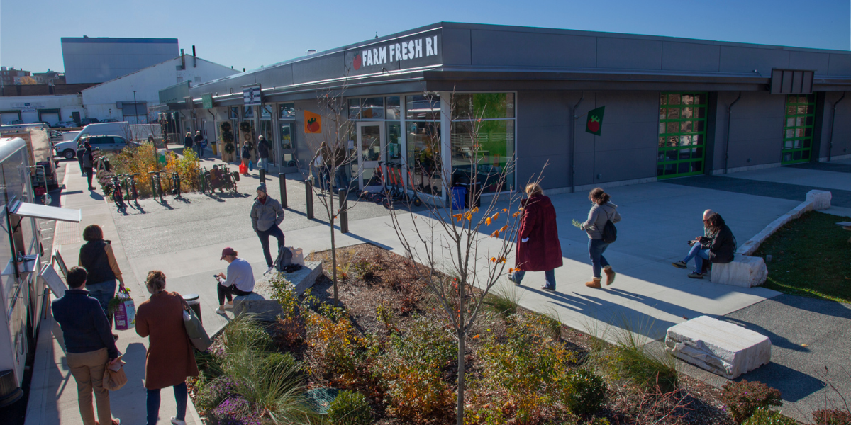 Exterior shot of Farm Fresh Rhode Island building during the Wintertime Farmers Market